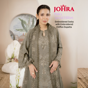 Johra Pinks Special Edition grey embroidered Swiss suit with chiffon dupatta