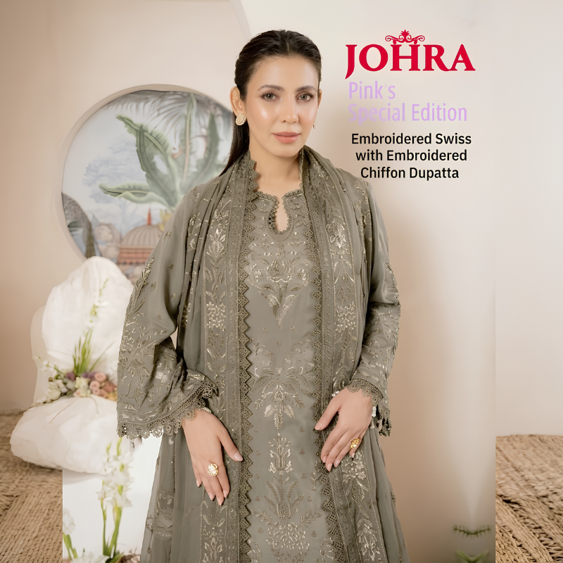 Johra Pinks Special Edition grey embroidered Swiss suit with chiffon dupatta