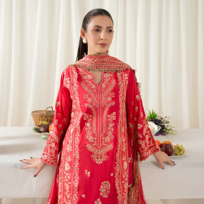 Johra Pinks Special Edition coral pink embroidered 3 piece suit