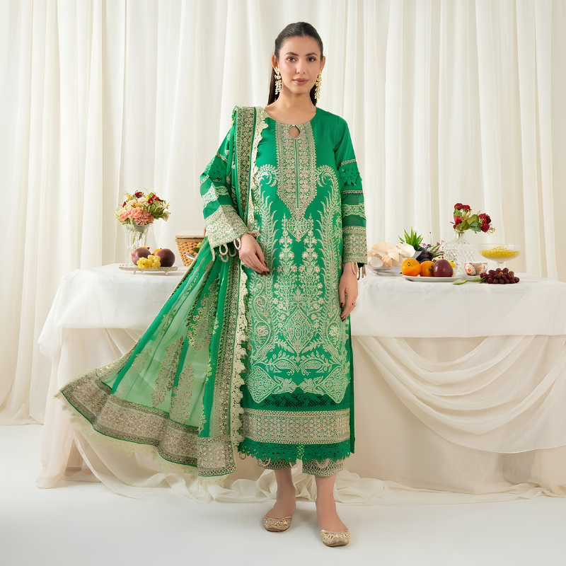 Johra Pinks Special Edition green embroidered unstitched 3 piece suit