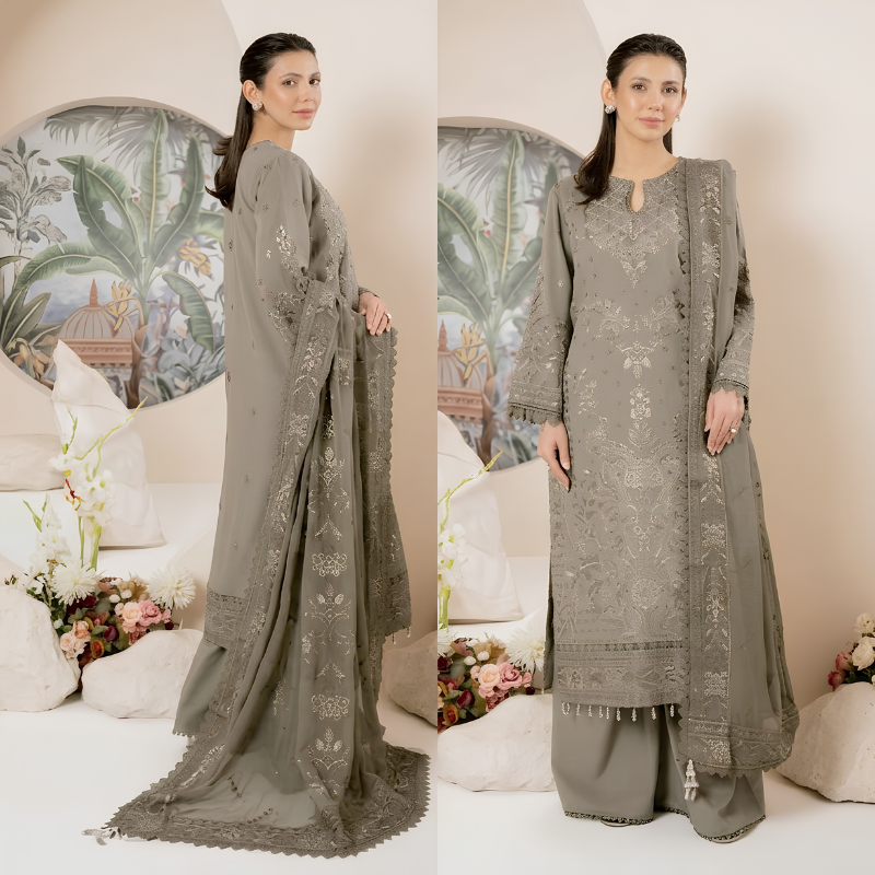 Johra Pinks Special Edition grey beige embroidered Pakistani 3 piece suit