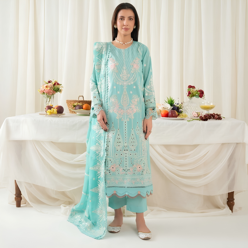 Johra Pinks Special Edition aqua blue embroidered 3 piece suit