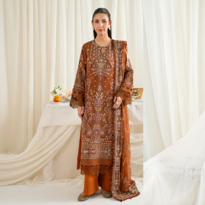 Johra Pinks Special Edition rust brown embroidered unstitched 3 piece suit